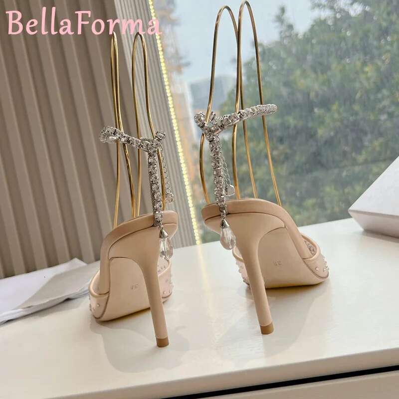 Women's Mesh Chain Shoes Sexy Mature Classic Banquet Wedding Dress Sgback Pointed V-Shaped Crystal High Heels Sandals