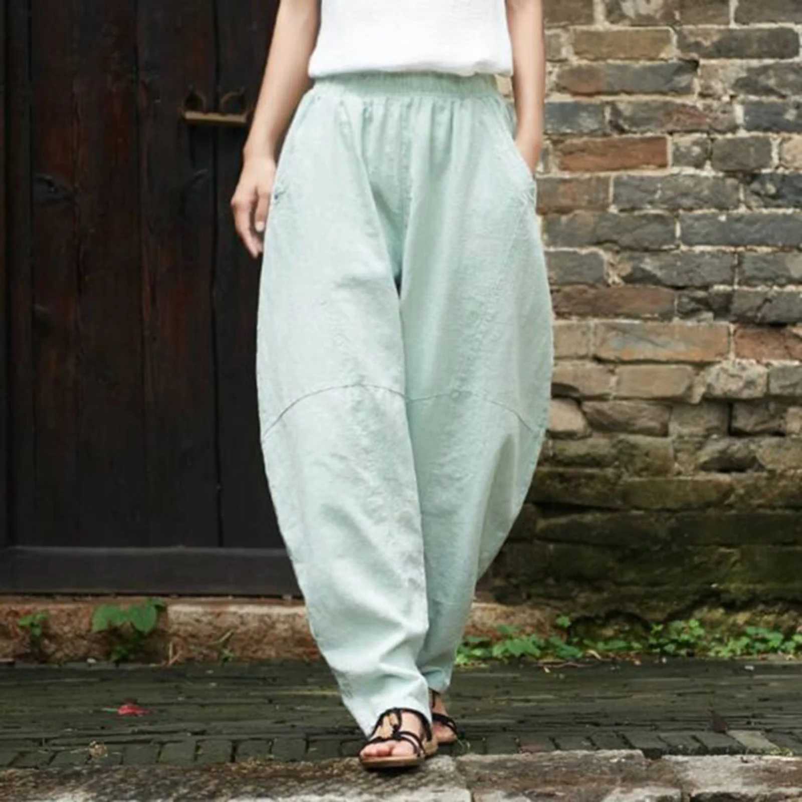 Cotton and linen loose suit womens casual cargo pants solid bag pants womens TrouserXJ250403