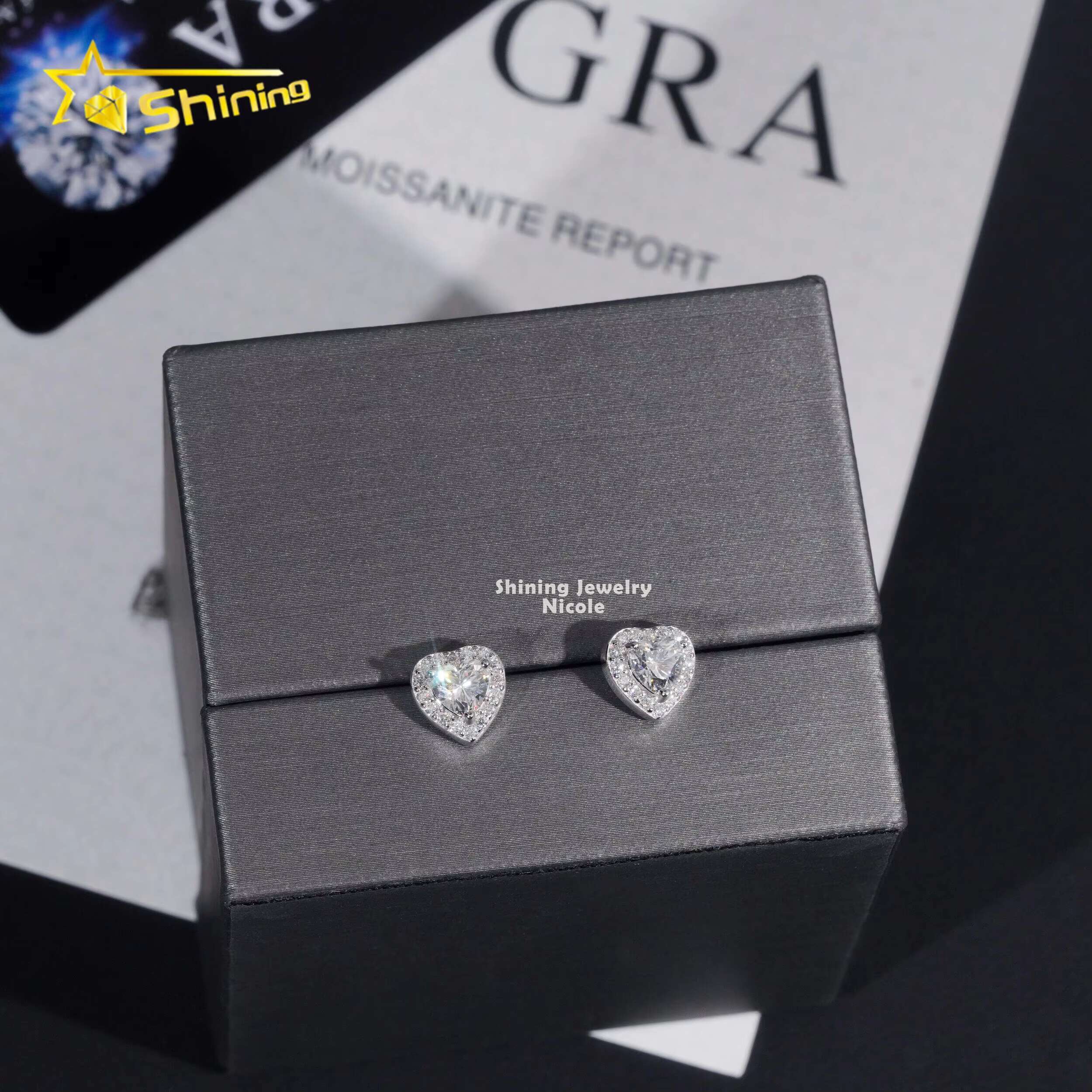 Hip Hop Style High Quality Wholesale Price 925 Sterling Silver Moissanite Stud Heart Earrings