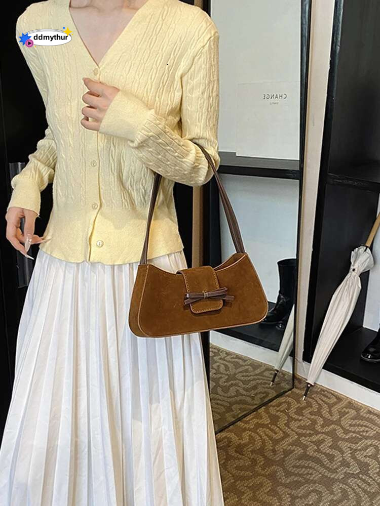 Shoulder Bag Women Trendy Handbag with Zipper Bow Suede Solid Clutch Purse for Work Travel ddmythur