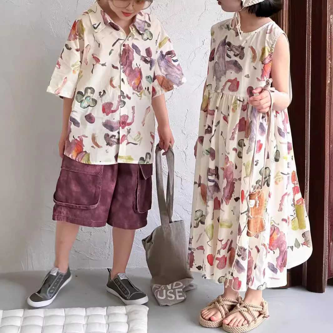 22215 Brothers and sisters Clothing 2024 Summer New Collar Graffiti Baby Boys Short Sleeve Shirt Casual Girls Dress S2548