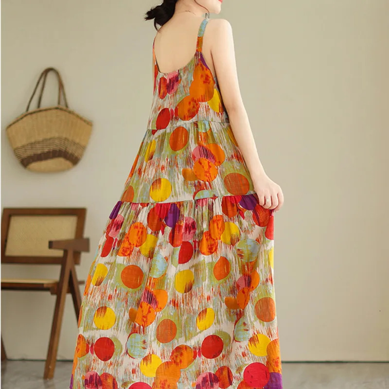 Wxw6508 summer sleeveless spaghetti strap dress for women thin and sexy retro dot print beach backless cotton linen Aline 250409