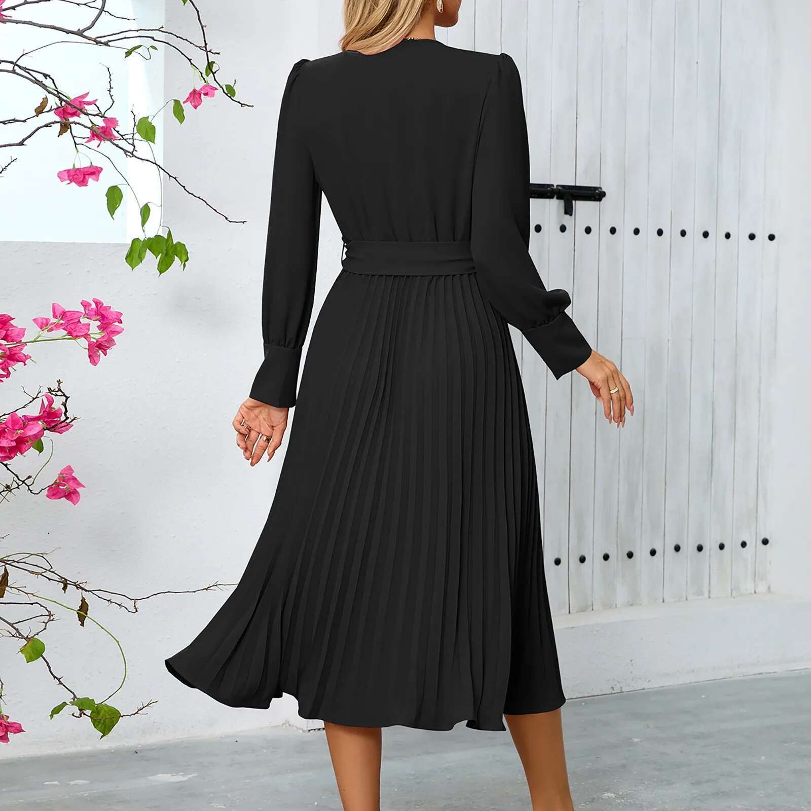 Dongdumaoyi Elegant Dresses For Women Autumn With Belt Dress V Neck Long Sleeve Loose Office Lady Maxi