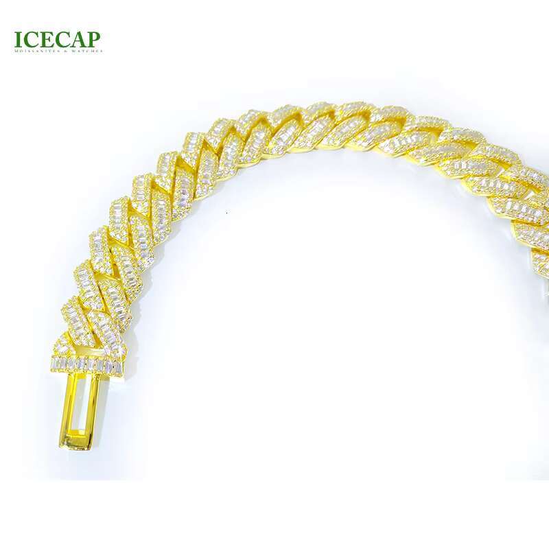 20mm Iced Out Moissanite Diamond 925 Silver Gold Plated Trapezoid Cuban Link Chain Hiphop Cuban Moissanite Necklace Bracelet