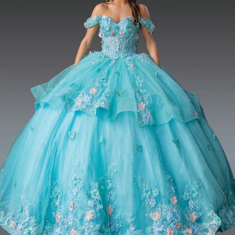 Water Blue Shiny Princess Quinceanera Dresses Off Shoulder Beads Applique Bow Tull Sweet 16 Dress Ball Gown Vestidos 15 Anos
