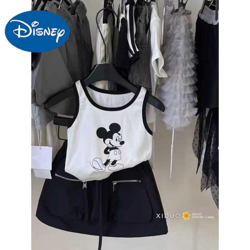 Disney Childrens clothing girls summer set new childrens stylish cartoon Mickey color blocked vest zipper pocket workwear half skirtXJ250409
