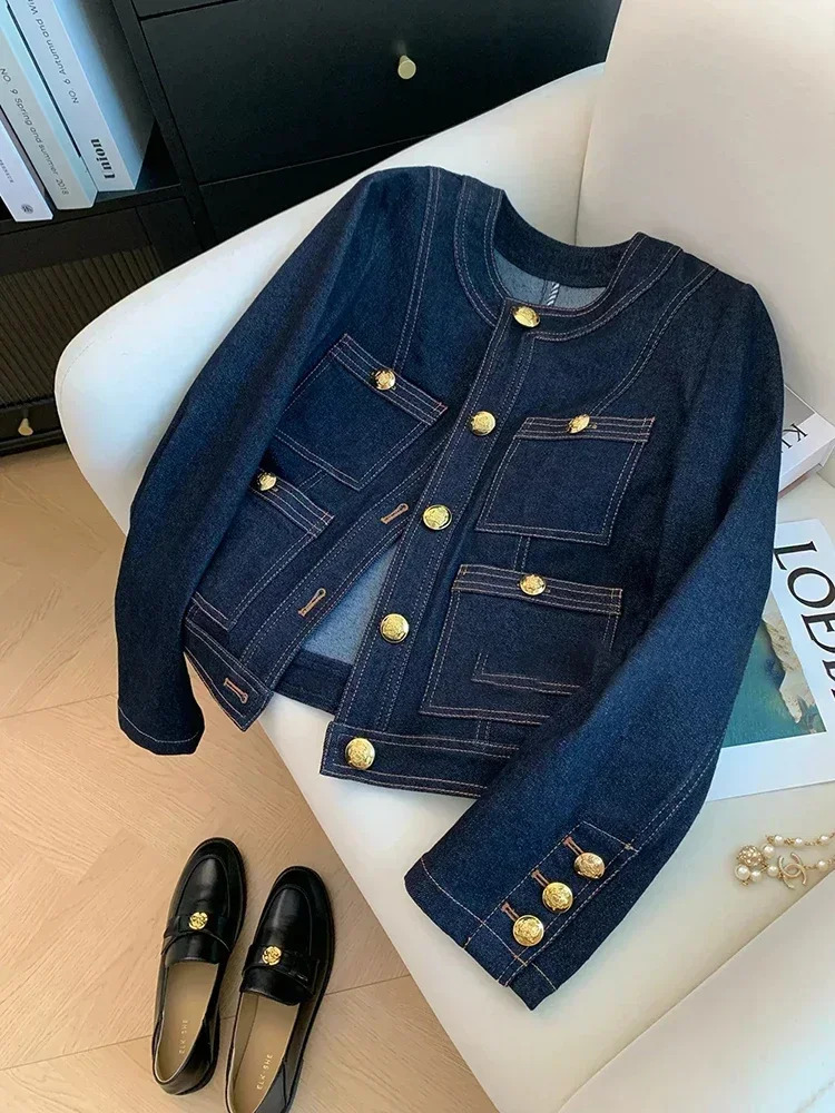 Blue denim top womens autumn classic style short jacket Korean fashion fashionable pocket Oneck Ropa De Mujer loose 250409