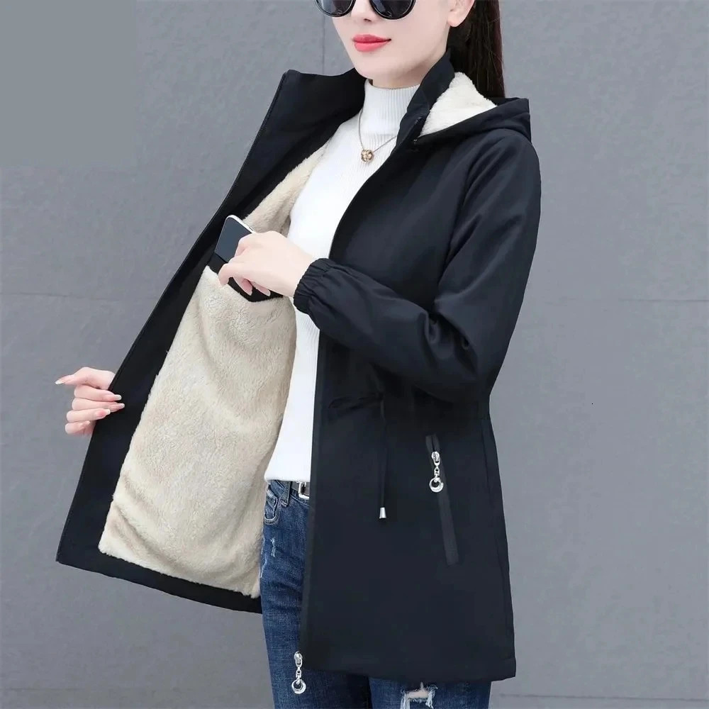 Autumn Winter Jacket Womens Windproof Velvet Warm Medium Length Hooded Trench Coat Korean Top High Quality 5XL 250409