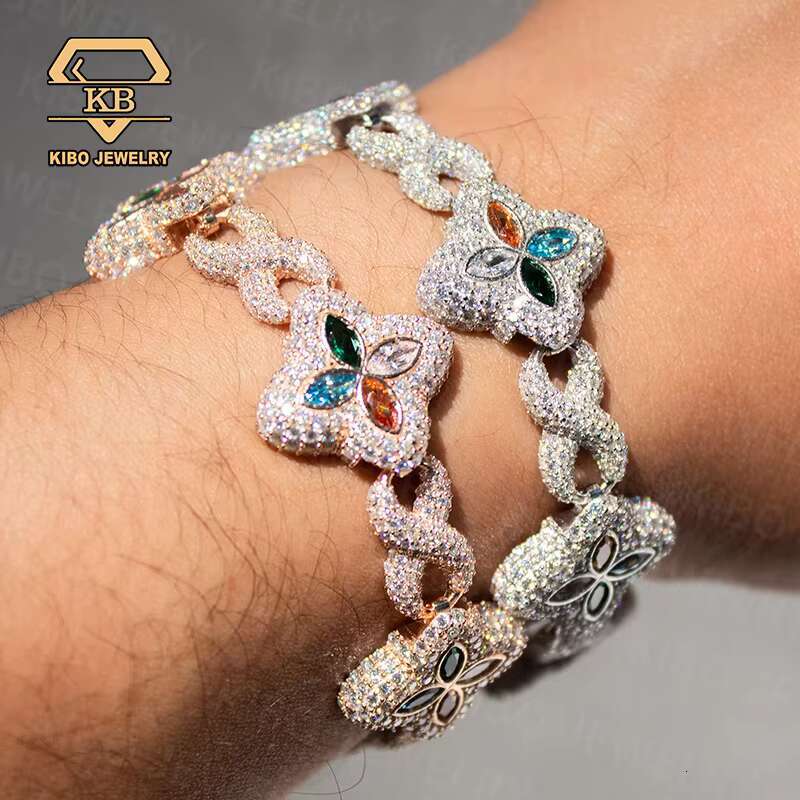 New Design Hot Selling Colorful Hip Hop Iced Out Jewelry 22mm 925 Silver Clover Cuban Moissanite Infinity Link Bracelet for Men