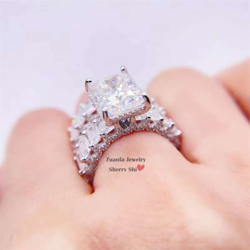 Women Wedding Jewelry 925 Silver White Gold Baguette Cut Ring Band Engagement Ring Set