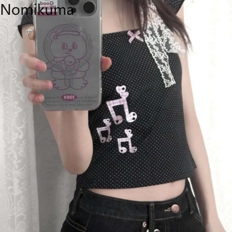 for Women Polka Dot T Shirts Square Collar Short Sleeve Tunic Tees Y2k Tops Casual Chic Japanese Tshirts 2025 Ropa Mujer