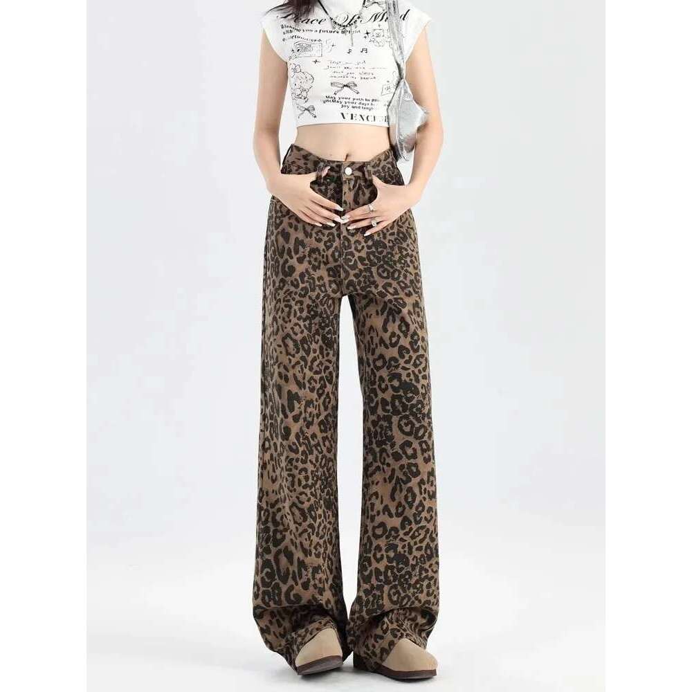 American Style Spicy Girl Leopard Print Wide Jeans With Women's Design Sense, High Waist Retro Loose Straight Leg Mop Pants