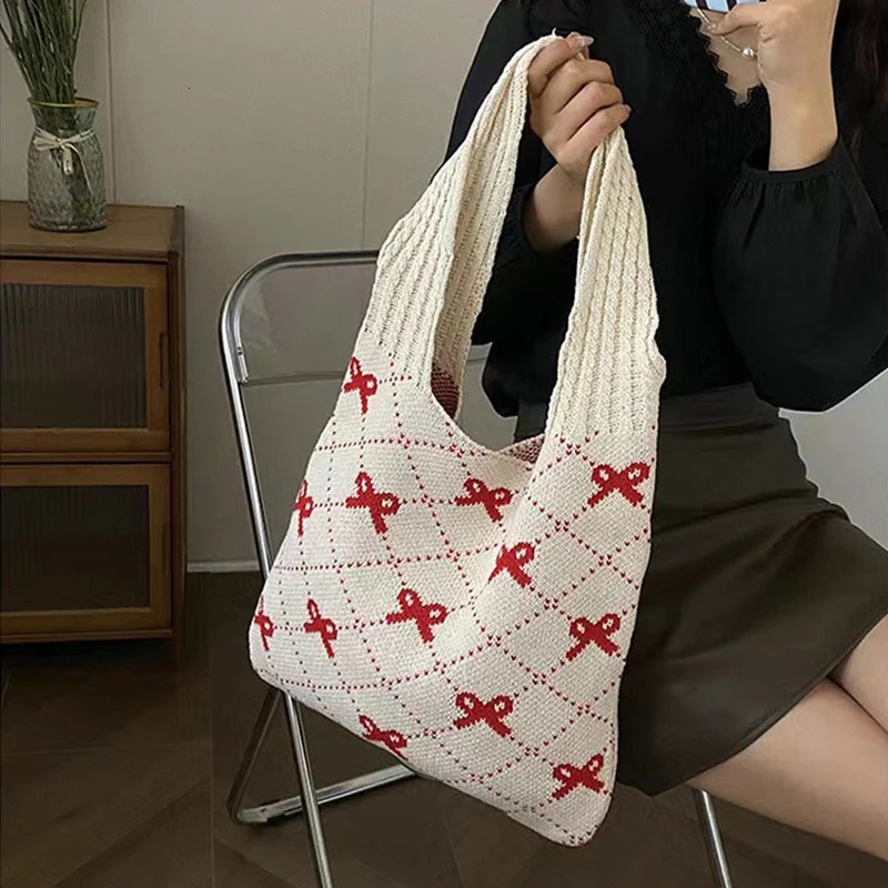 Butterfly knot knitted womens bag ecofriendly Korean folding shopping Y2K crochet rope shoulder Sweet handbag Ins 250408