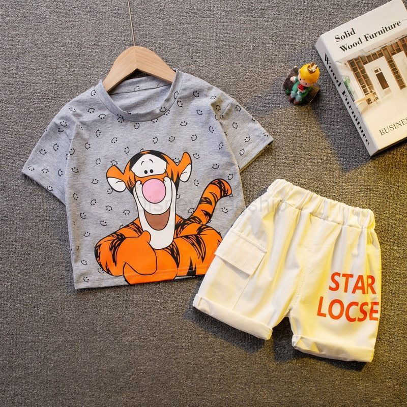 Disney Childrens summer set T-shirt boys childrens clothing babys short sleeved clothing babys summer clothes Tiggo cartoon two-piece setXJ250409