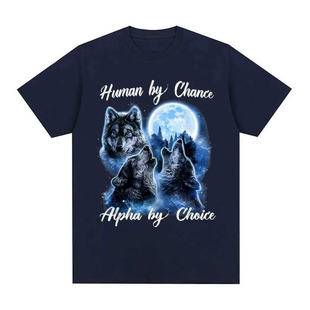 Human by Chance by Choice Wolf Graphic T-shirt Mens Fashion Hip Hop Retro Short SLeeve T-shirt Cotton Oversized T-shirtXJ250409