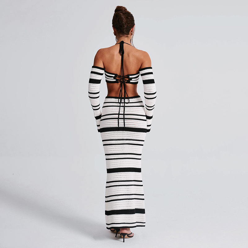 2025 lace up short crop top with exposed navel beach bohemian contrasting long striped skirt beach set for women