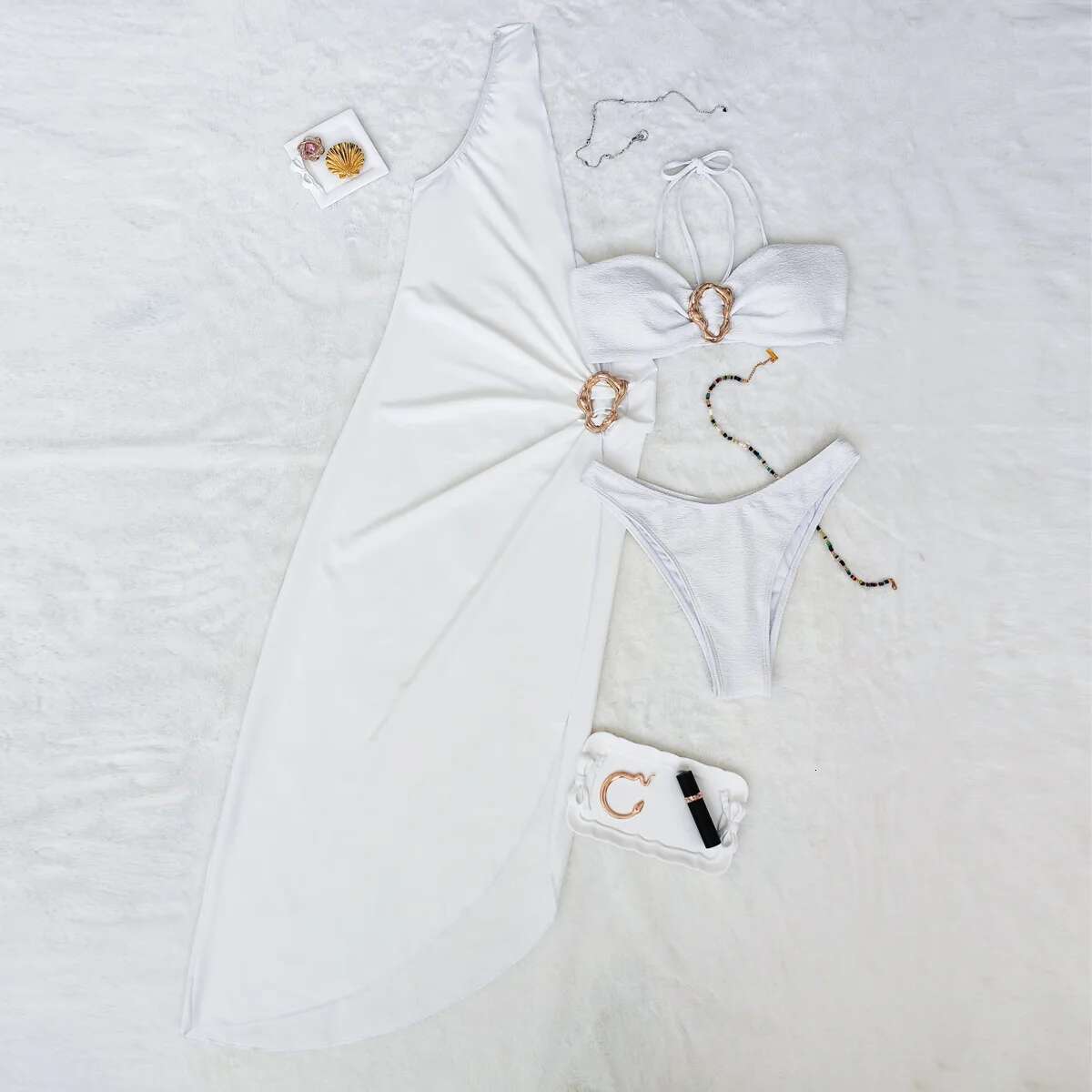 Three-piece Swimsuit New Bikini Sexy Solid Color Split Strapless One-shoulder Cover Shirt