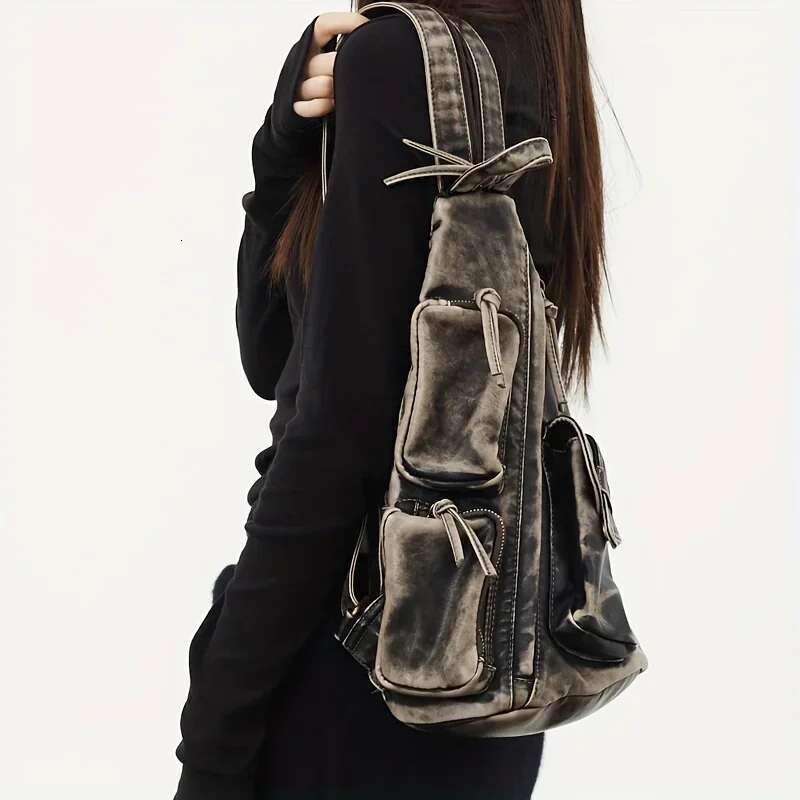 Women's Fashion Vintage Distressed Backpack Washed Vegan Leather Multi-Pocket Shoulder Crossbody Bag