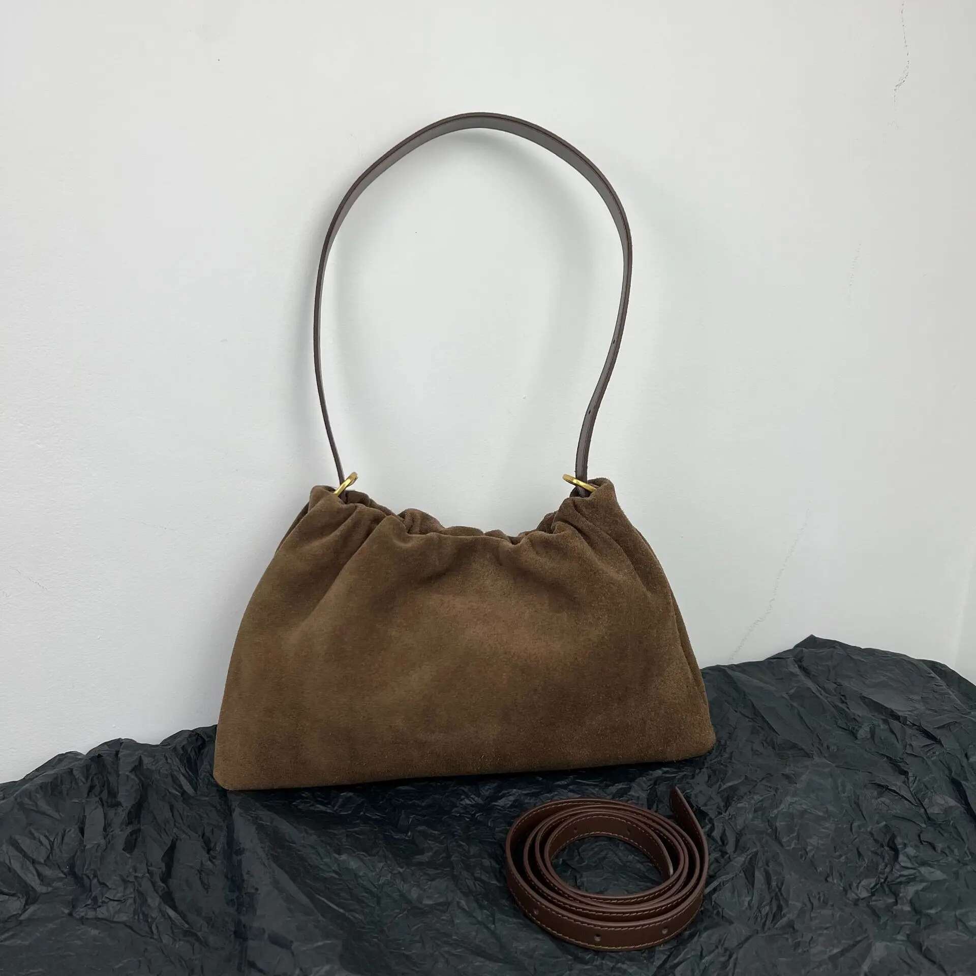 Ruched Korean Kakhi Coffee Designer Armpit Shoulder Bag 2 Straps Real Matte Suede Cow Leather Women Handbag 2025 Chamois Tote