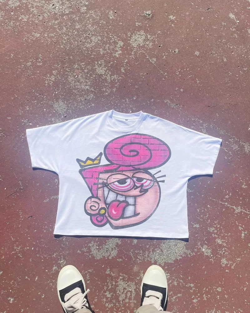 High Street Fashion Crew Neck Short Sleeve Cartoon Printed Womens Oversized Tshirt Y2k Harajuku Retro Couples Shirt 250409