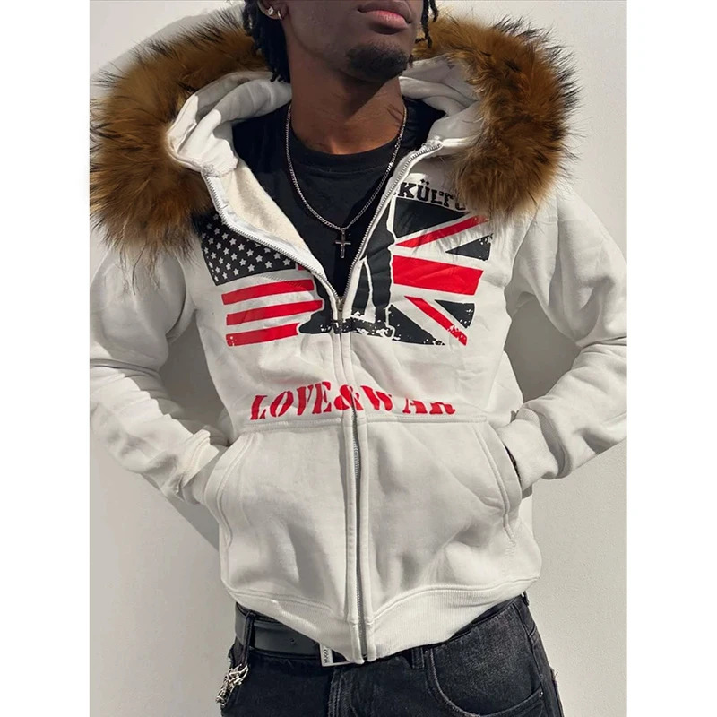 Retro Y2K Zipper Sweatshirt Ins Fur Collar Printed Long Sleeved Pullover Hoodie Street Trend Jacket for Casual Wear 251107