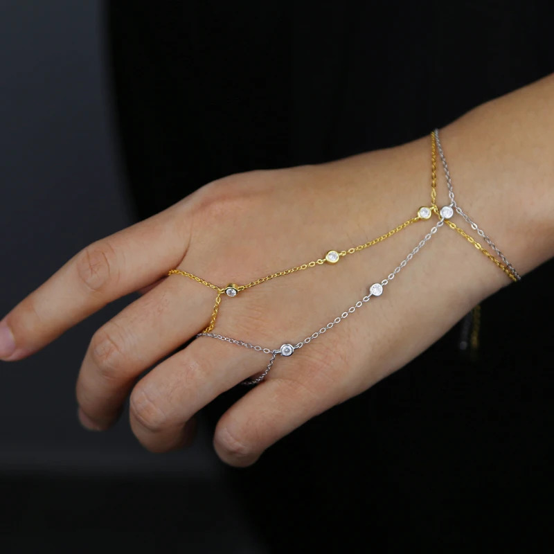 High quality 925 sterling silver gold color micro pave cz station charm chain bracelet with ring fashion wrist jewelry for women 250408