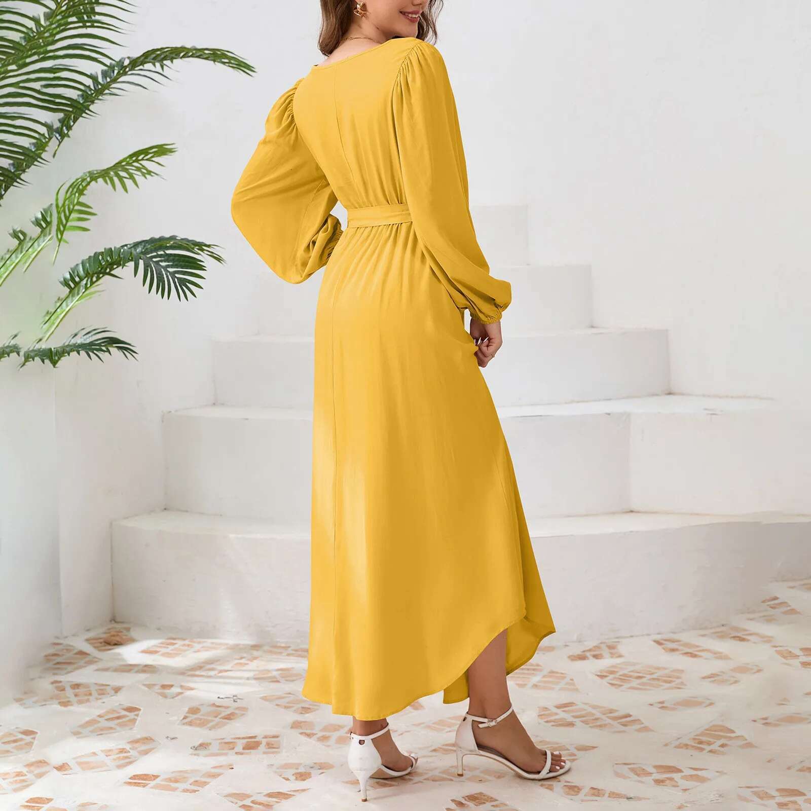 Dongdumaoyi Spring Round Neck Puff Long Sleeve Dress Casual Solid Color A Line For Womens Maxi Belt Robe