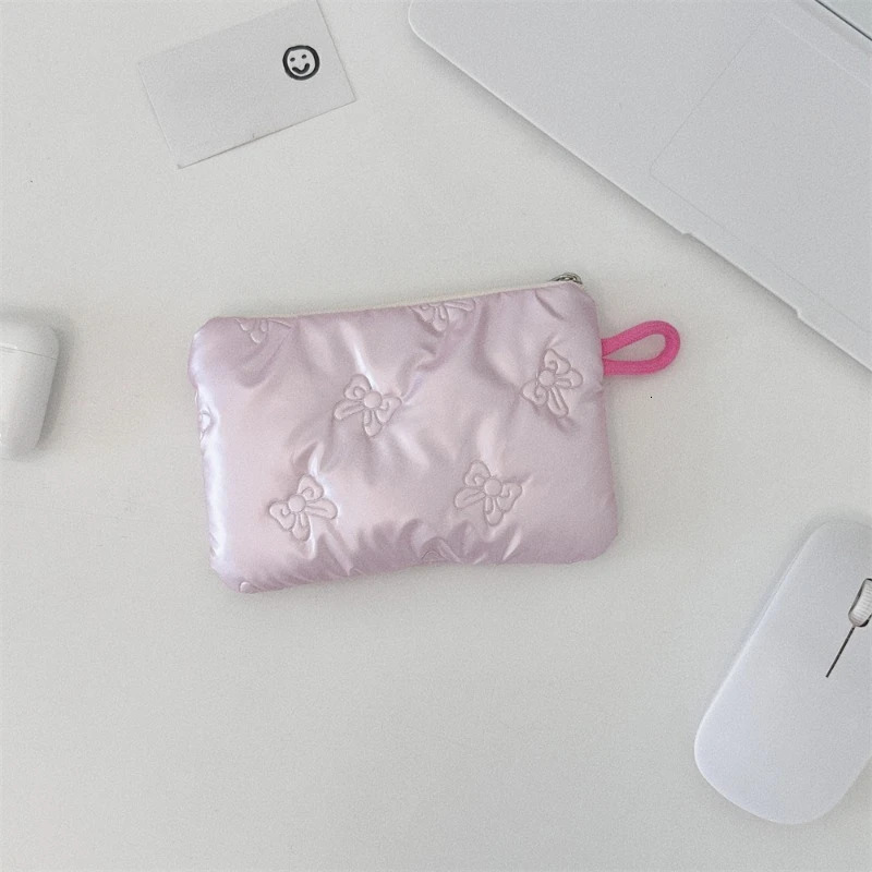 Silver Bow Pattern Coin Wallet Womens Earphones Key Organizer Zipper Bag Makeup 250408