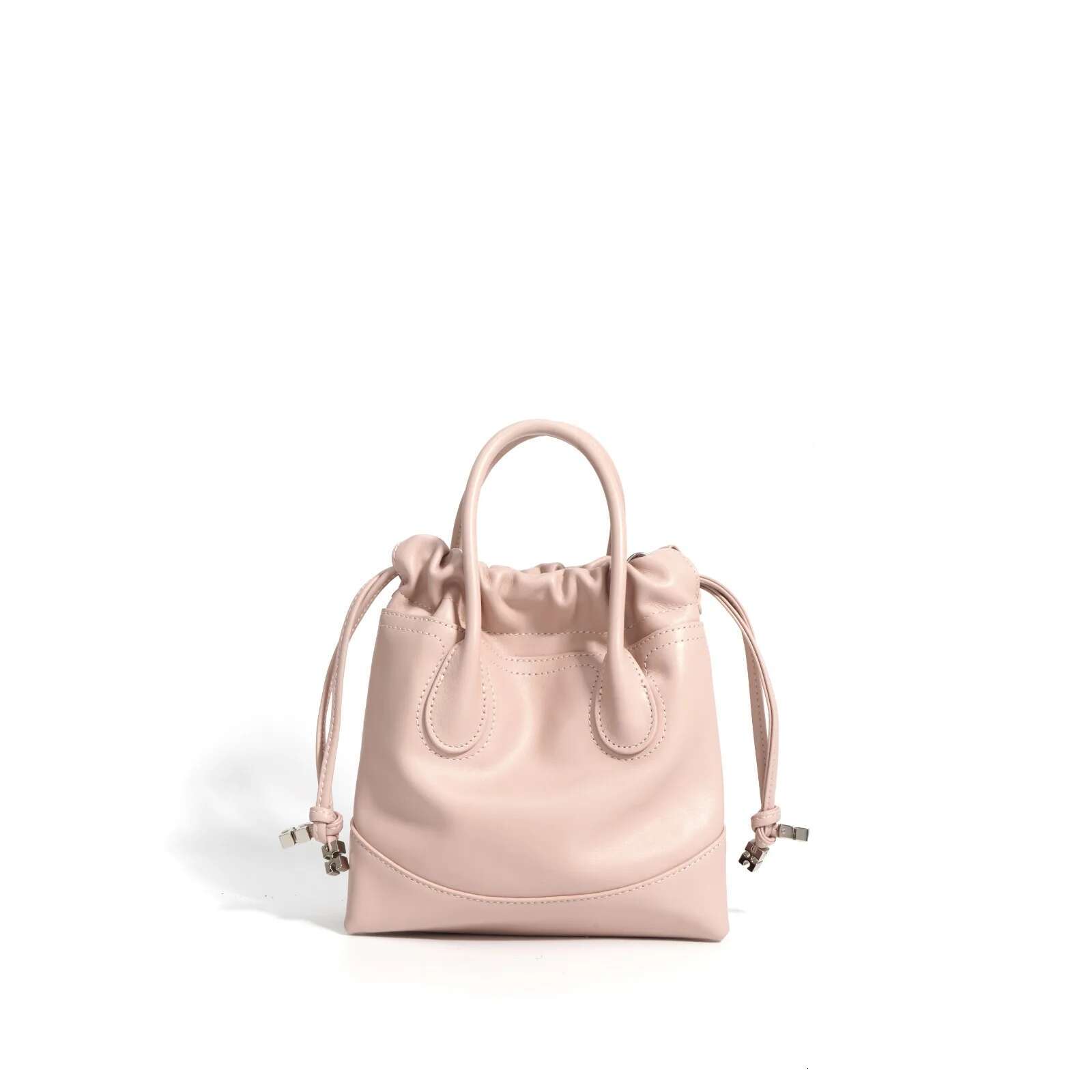 Fashion Lady Real Leather Ruched Bucket Pouch Purse For Women Chic Casual Drawstring Bag With Double Pocket