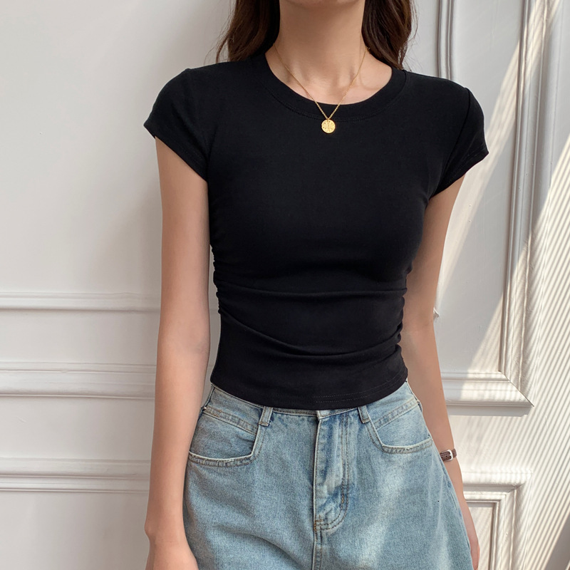 2025S Designer Women S T Shirt Solid Color T Shirt Women S Sleeved Summer New Design Feeling Waist Tightening Slimming Short Shoulder Top