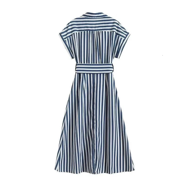 Wxw4855 Summer Front Button Shirt Womens Short Sleeve Ultra Thin Belt ALine Casual Vertrical Striped Street Clothing 250409