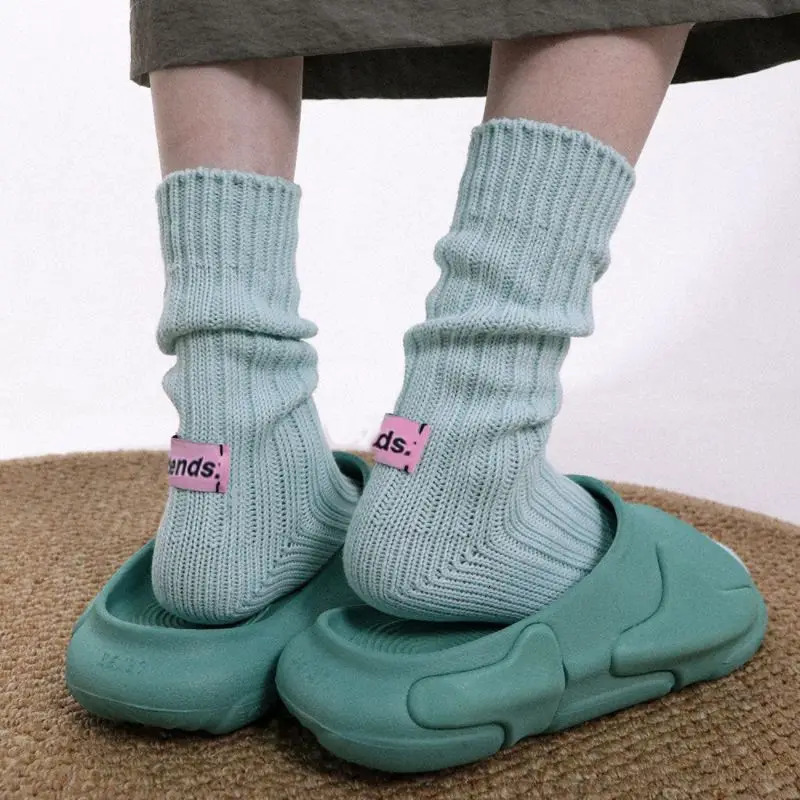 Korean Needle Thick Thread Knitted Middle Tube Socks Cotton Japanese Simple Pink Label Men Women Couples Sports Stacked Socks 250409