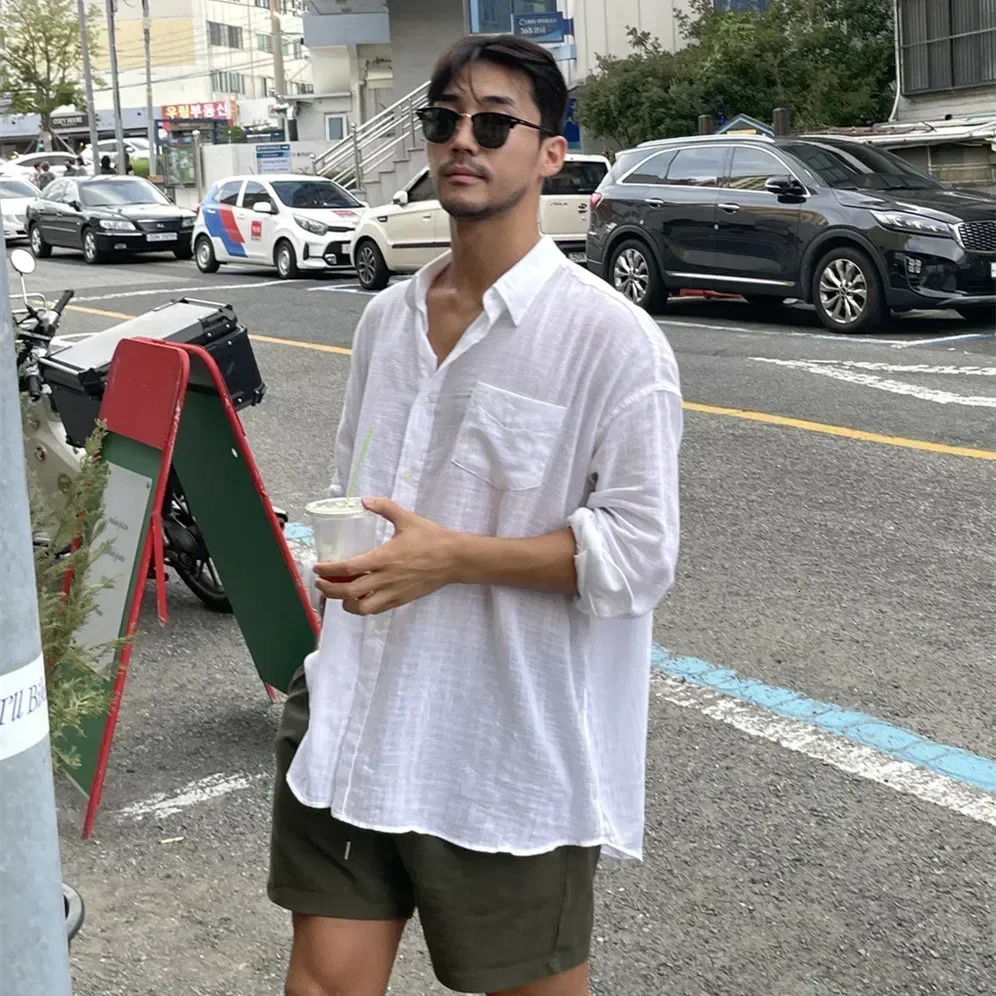 Unisex Oversized Linen Shirt Coat Mens Long Sleeve Casual Loose Fit Fashion Japanese Korean Style Sun Protection Clothing 250408