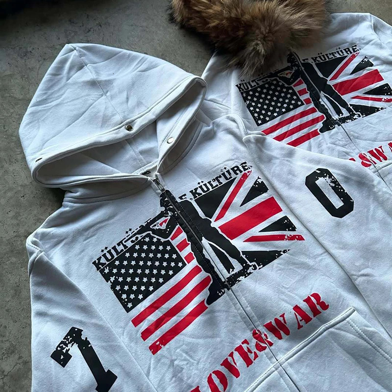 Retro Y2K Zipper Sweatshirt Ins Fur Collar Printed Long Sleeved Pullover Hoodie Street Trend Jacket for Casual Wear 251107