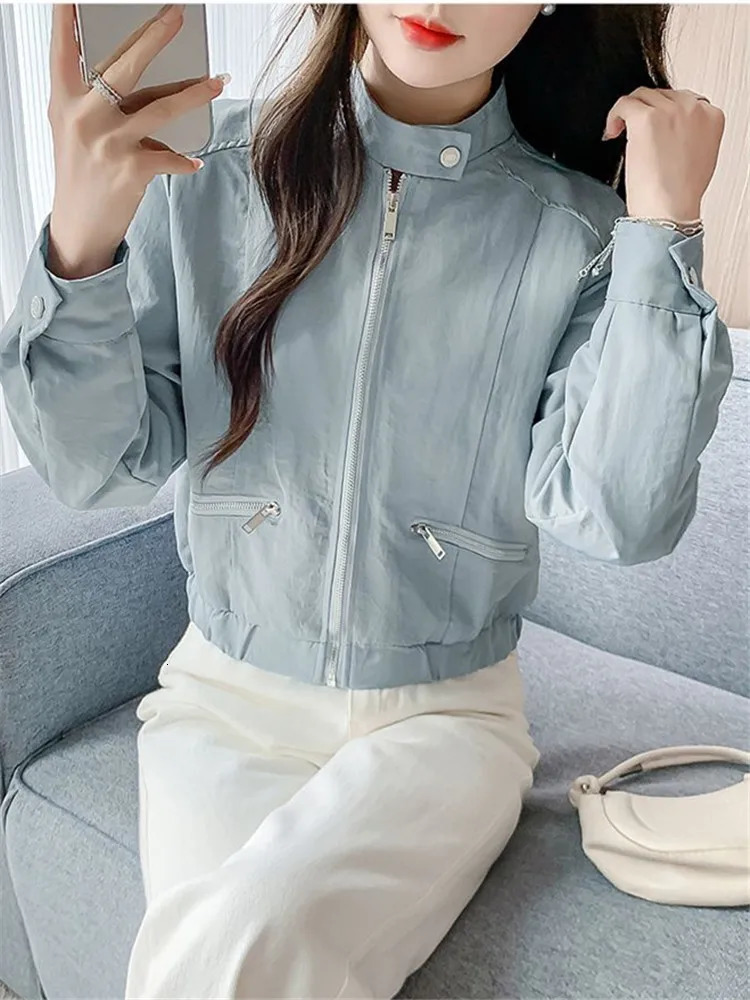 Spring and Autumn Womens Baseball Jacket Solid Color Casual Zipper Long Sleeve Stand up Collar Coat Chaquetas De Mujer 250409