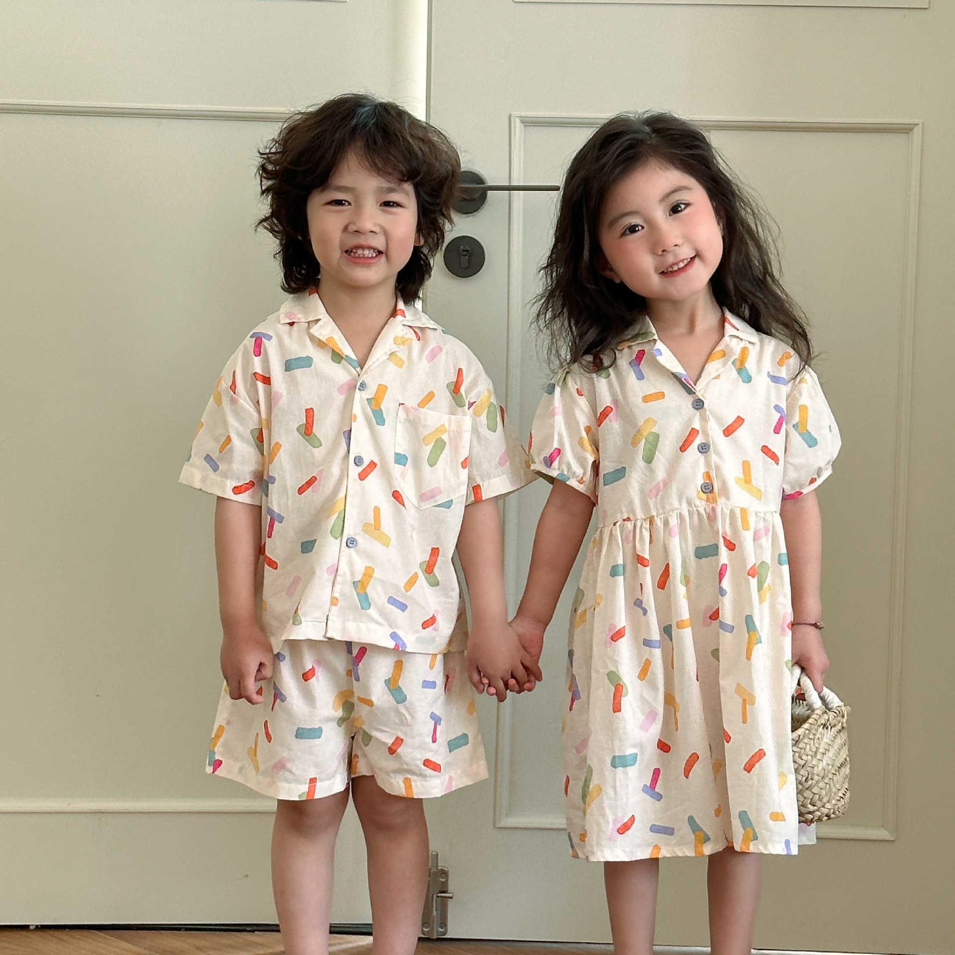 Brother and sister summer clothes childrens summer set boys pure cotton vacation style 2025 new baby western-style girls dress S2548