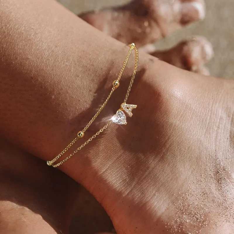 Ankle Bracelets for Women Waterproof 14K Gold Plated CZ Initial Dainty Layered Heart Anklets Foot Chain Summer Beach Jewelry Z250408