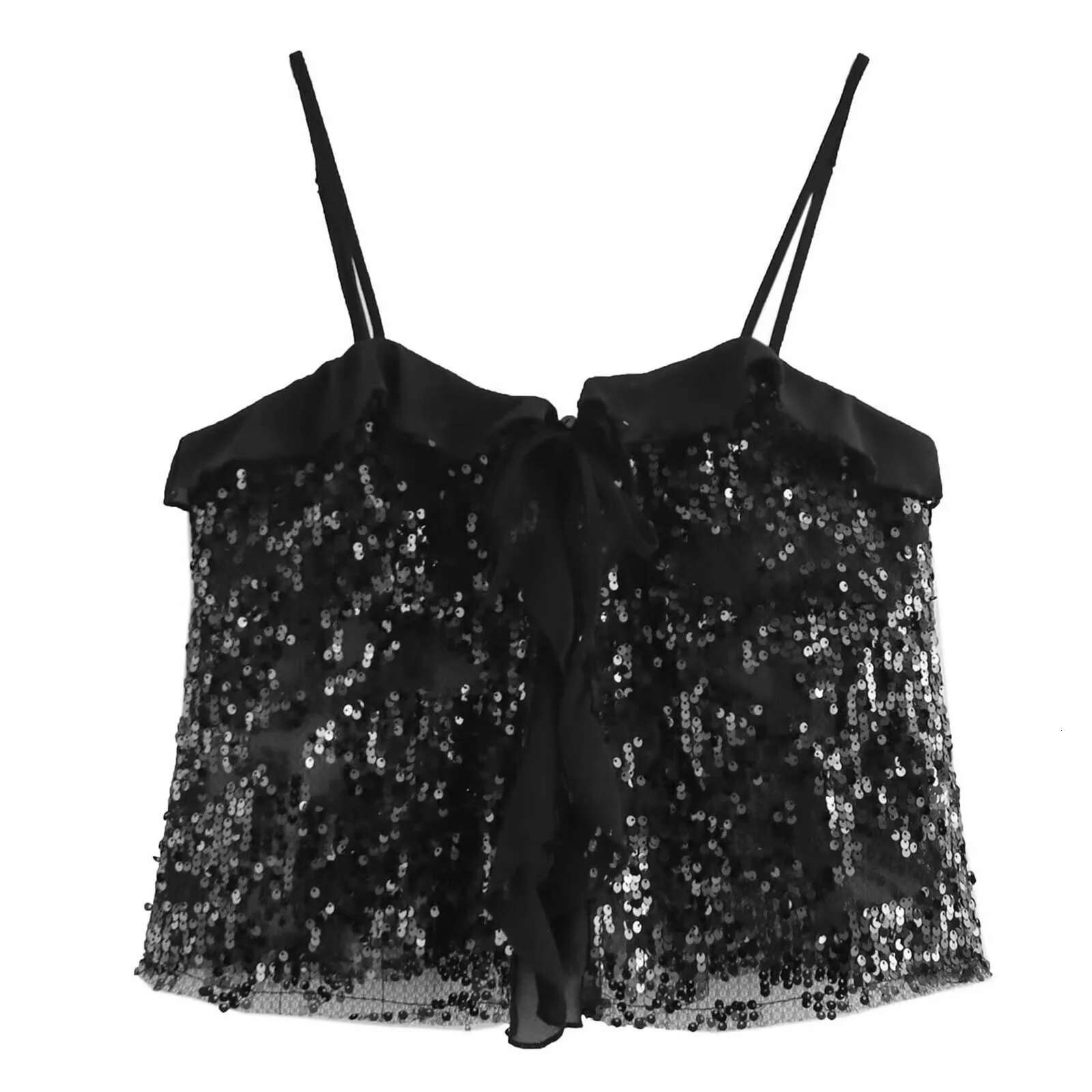 Dongdumaoyi Sexy Women S Sequin Sg Elegant Vest New Fashion Translucent Sleeveless Short Tops Chic Black Camisole Top Women S Tight Underwear