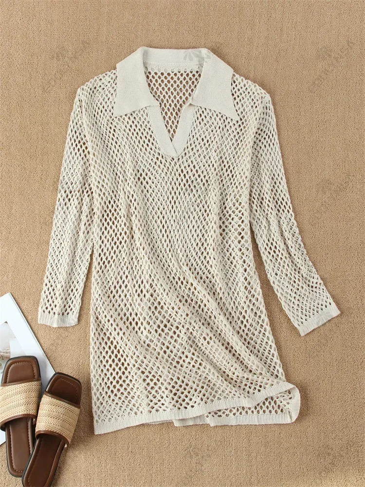 Solid color beach knitted mini dress summer sexy hollow long sleeved swimsuit cover Bohemian holiday loose beachwear K17 250327