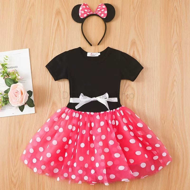 Disney Womens clothing fashion round dot mesh dance dress Mickey Minnie short sleeved princess dress bowXJ250409