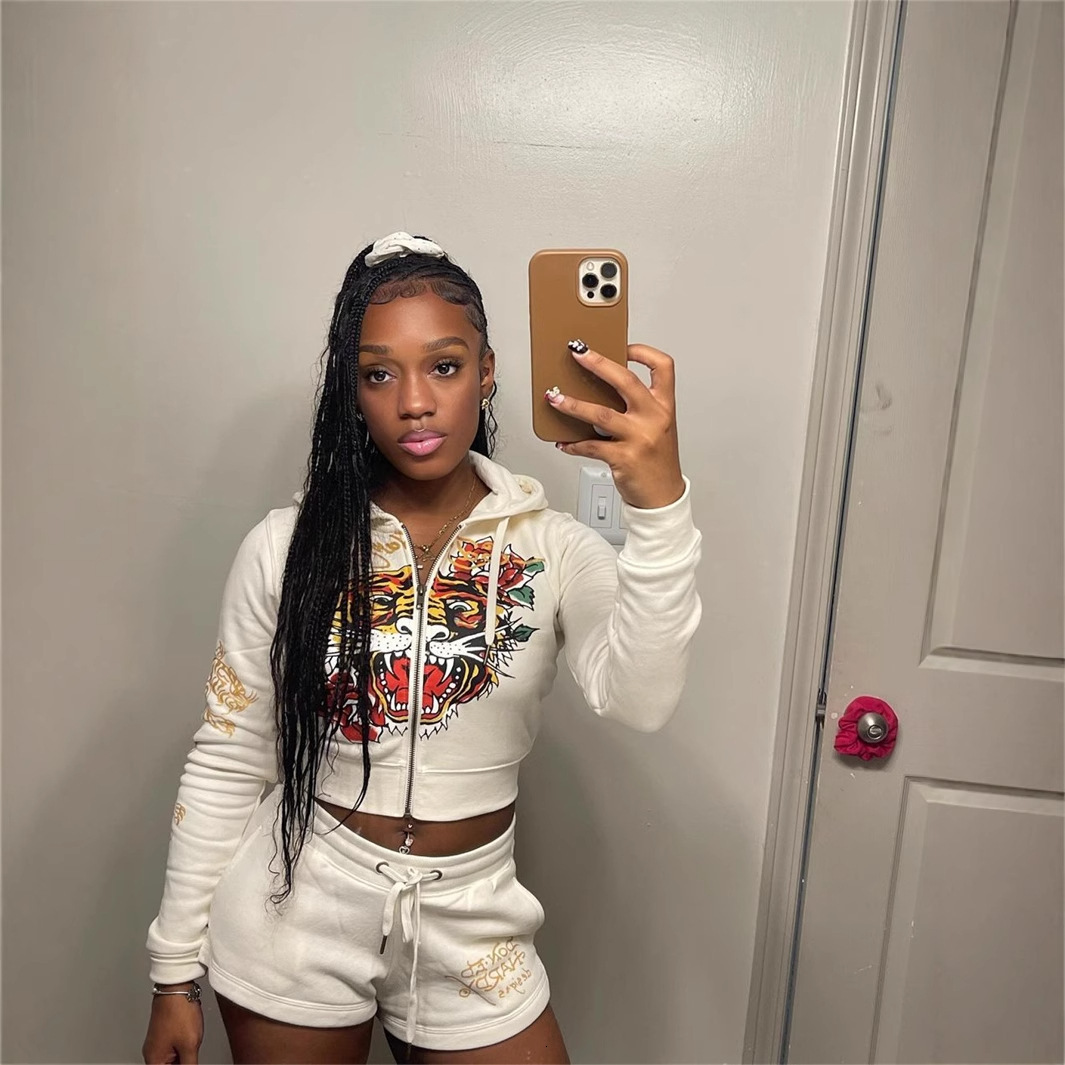 2025S Designer Women S Set New Fashion Printed Long Loose Casual Sports Sleeve Zipper Hoodie Strap Shorts Set
