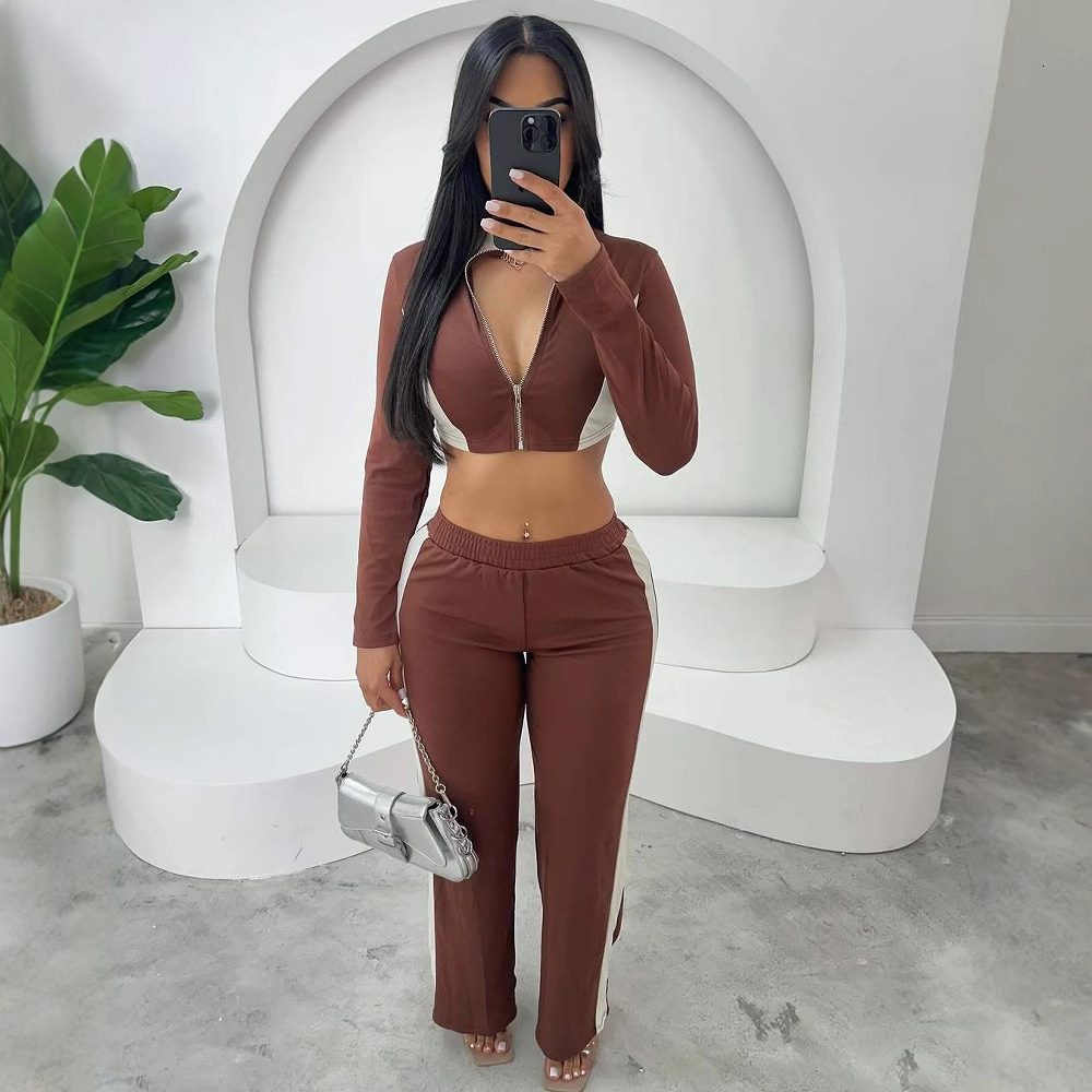 2025S Designer Women S Set New Color Blocking Slim Fit Casual Sports Stand Up Collar Zipper Short Style Crop Top Jacket Long Pants Set