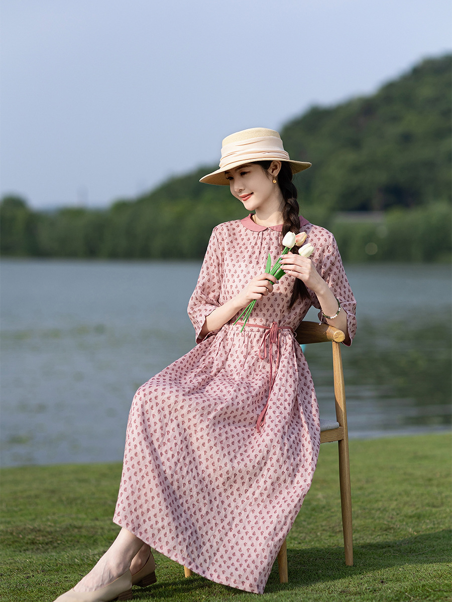 M45Classy Exquisite Long Dress in Pink with Doll Collar and Retro Style Belting