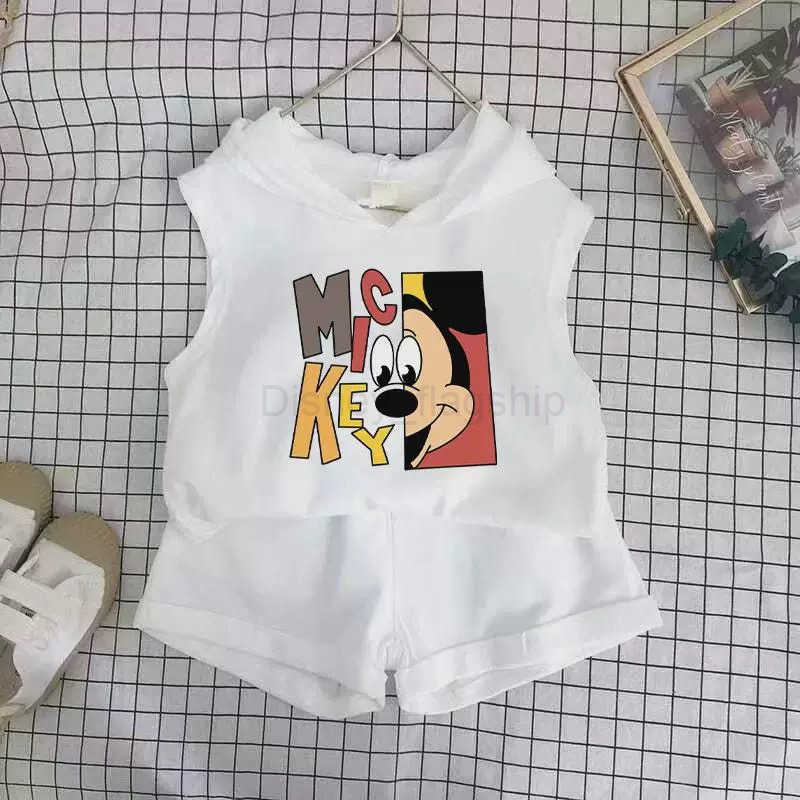 Disney Childrens vest hooded set summer outfit new shorts for boys and girls card boy sleeveless casual two-piece setXJ250409
