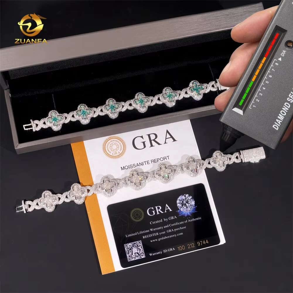 New Style Clover Infinity Pear Shape Blue Green Moissanite Diamond 925 Sterling Silver Mens Bracelet