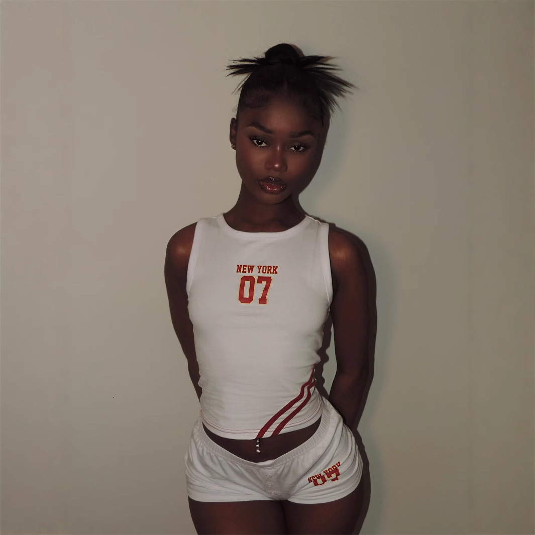 2025S Designer Women S Set Summer Umbilical Short Letter Number Printed Tank Top Waist Shorts Set