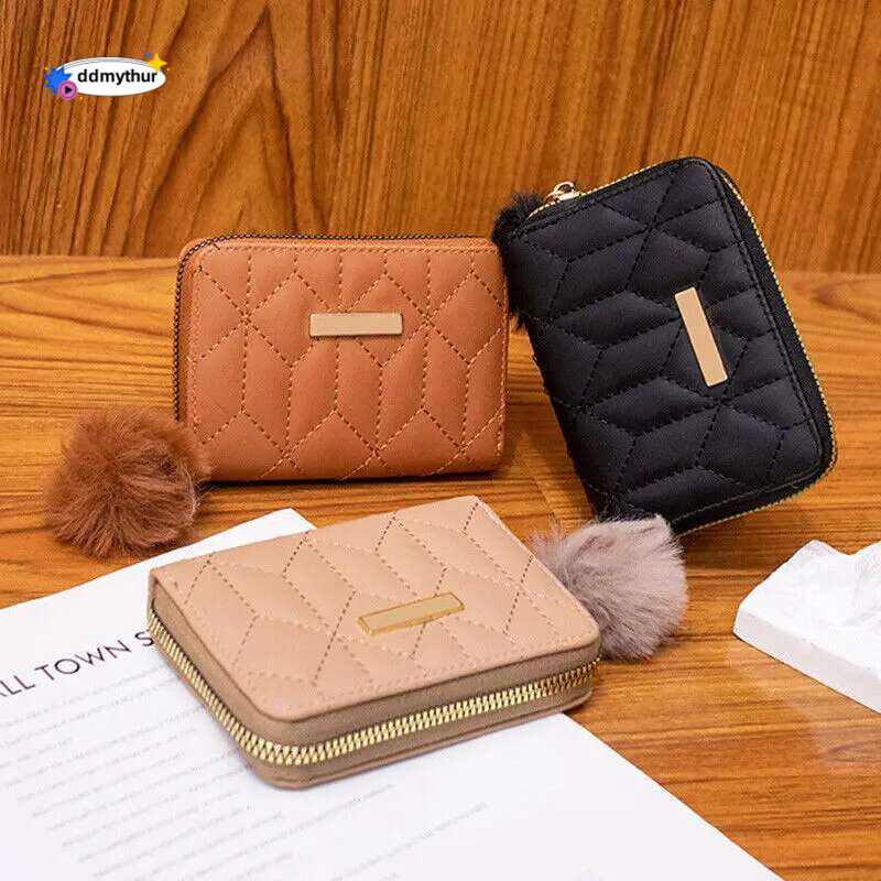 Mini Short Wallet Women'S Leather Credit Organizer Coin Purse Pompom Ball Pendant Fashion Clutch Money Bag Card Holders ddmythur