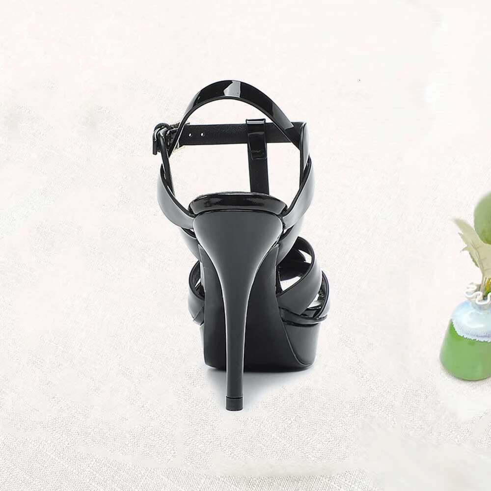Super Heels 10Cm Sexy Women's Red Leather Dancing Wedding Party Ladies Office Ankle Platform Sandals Black Shoes
