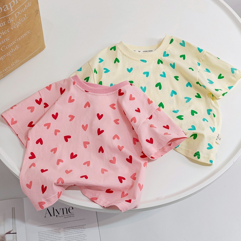 Ddmyshoesvip New Summer Korean Version Children S Clothing For Girls Full Of Printed Love Pure Cotton Loose Casual Short Sleeved Top T Shirt Trendy