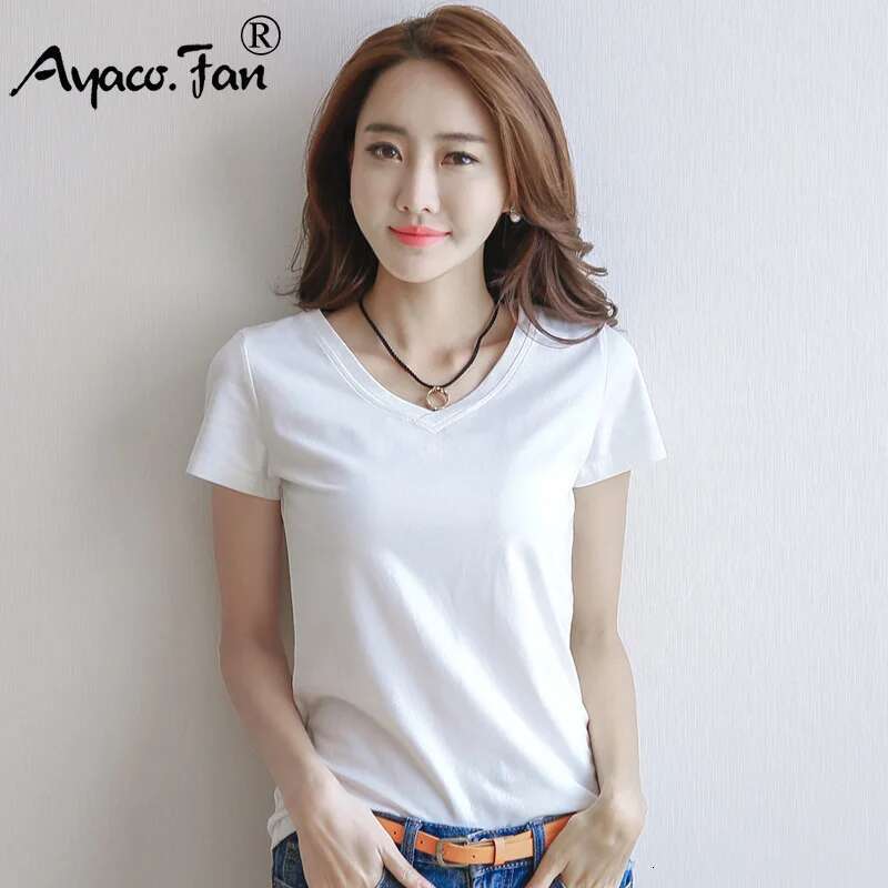Spring Summer Women Cotton T-shirt Black V-Neck Short Sleeve Female Tee Slim White T-Shirt Casual Solid Lady Tshirt Tops